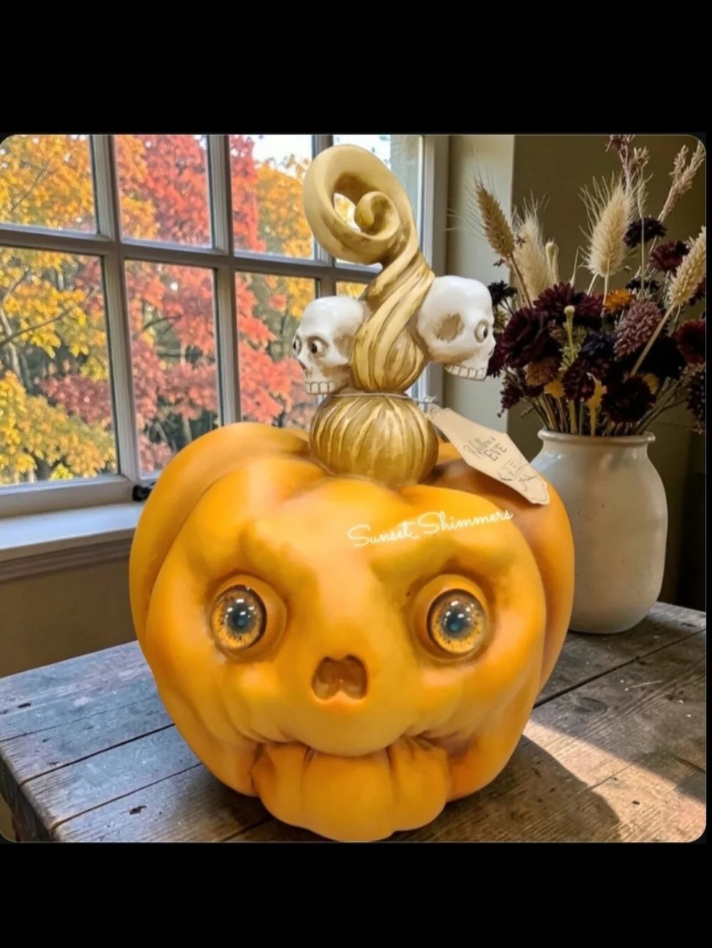 14" Primitive Skull Face Jack O Lantern Pumpkin Figure Realistic 3D Eyes New - Picture 1 of 8